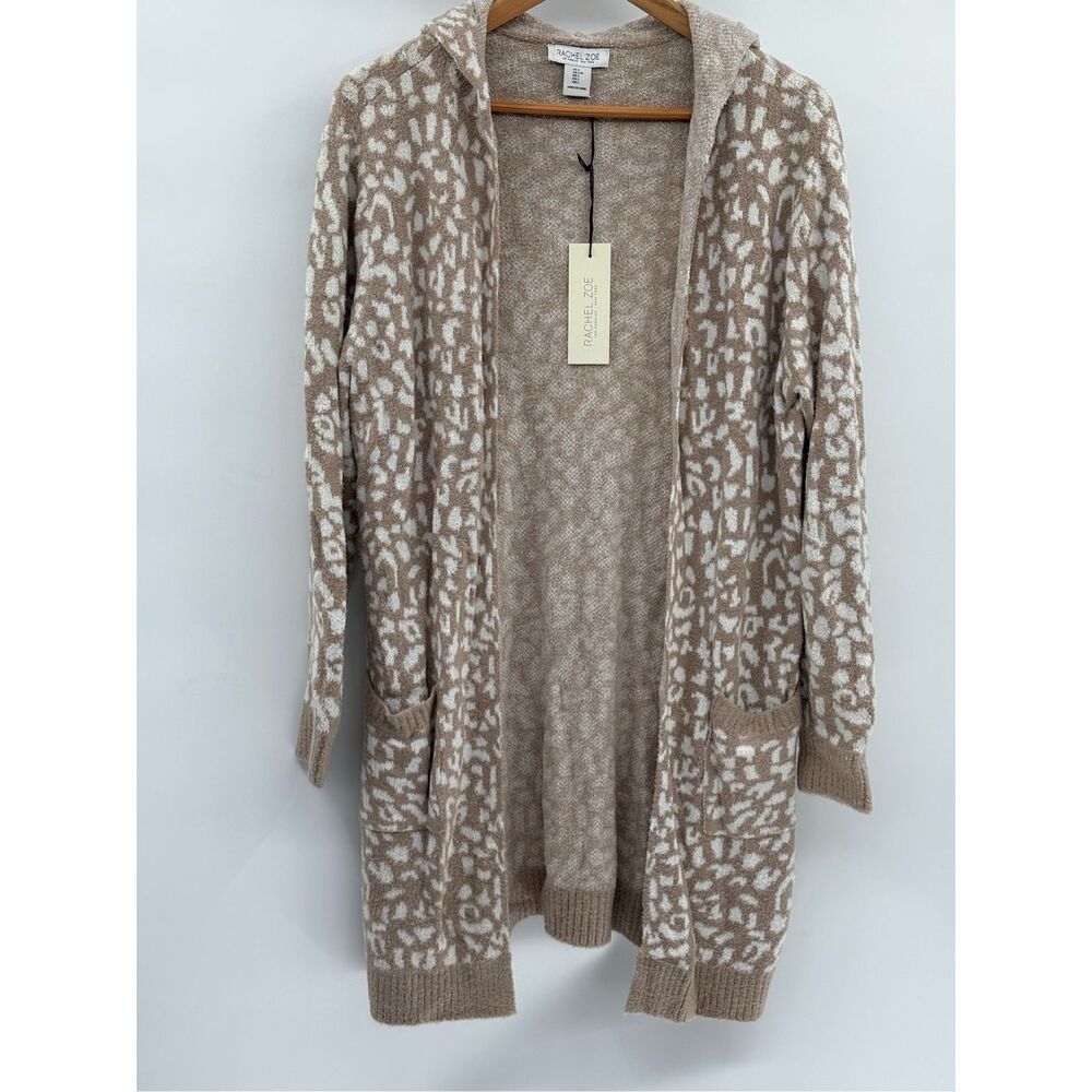 Rachel Zoe Cardigan Sweater Hooded Long Women Large New Animal Print Tan White